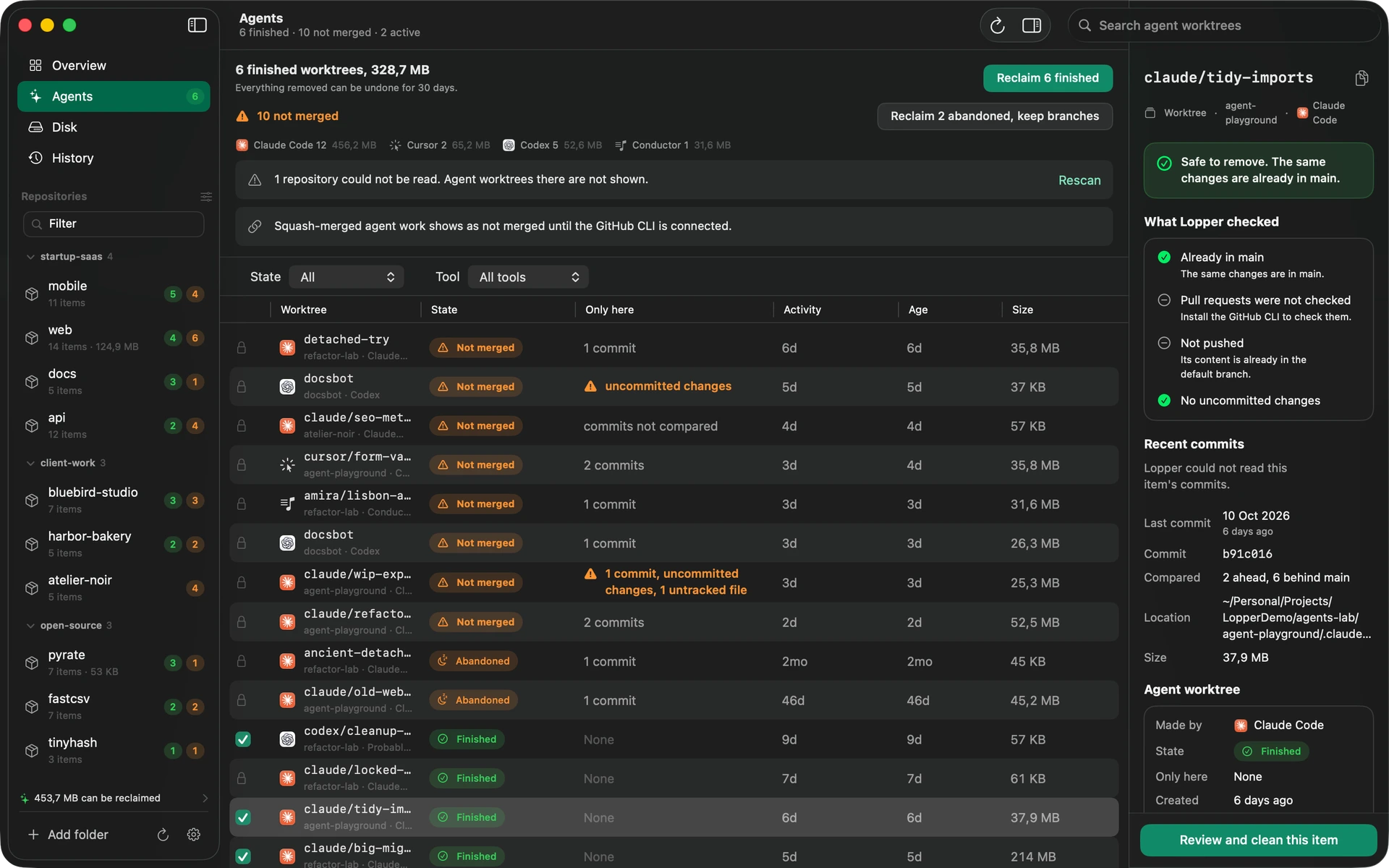 The Agents page: a table of agent worktrees with their state, unmerged work, activity, age and size, and a button to reclaim the finished ones.