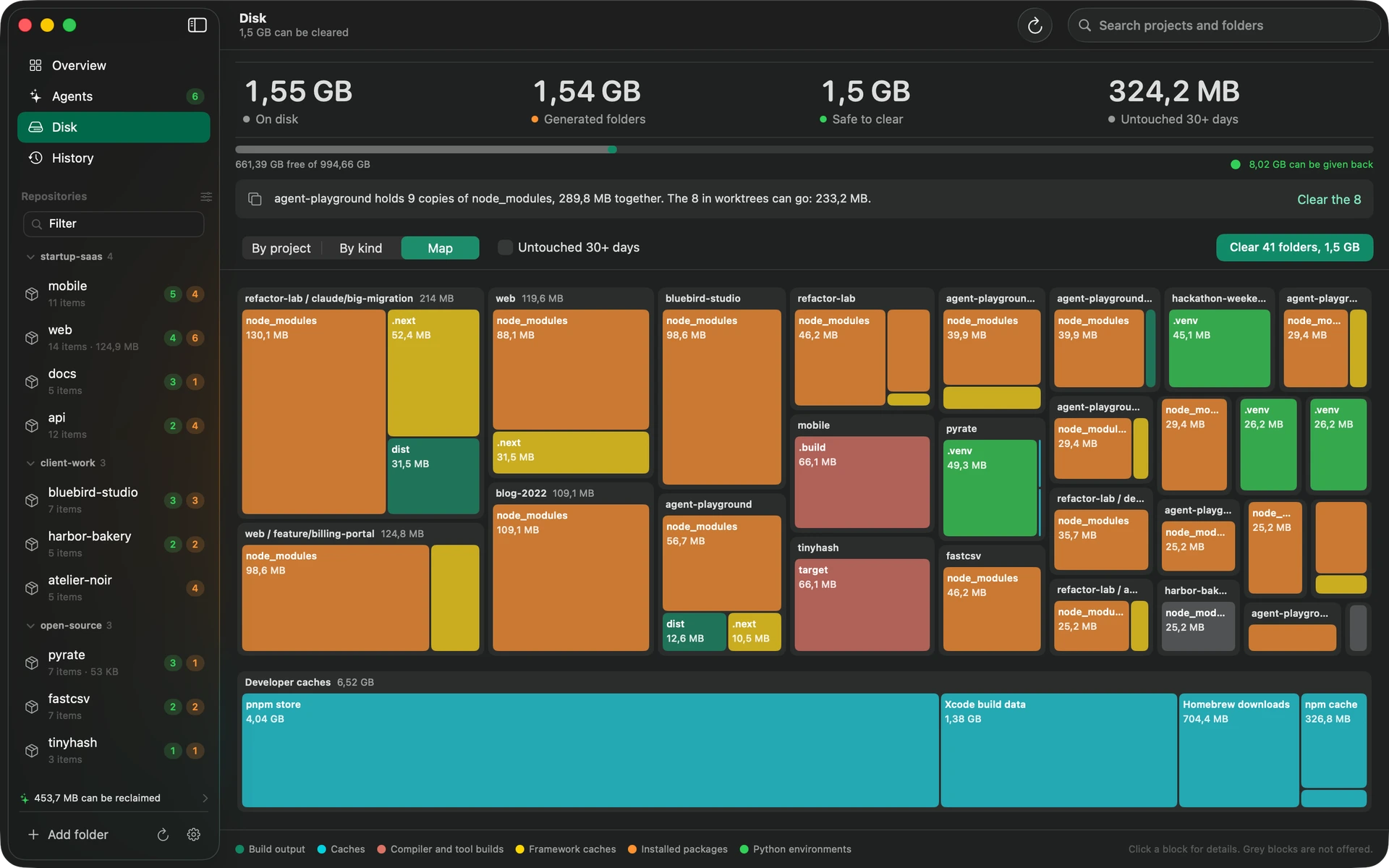 The Disk page as a treemap: node_modules, build output and caches sized by bytes, grouped by project, with developer caches below.